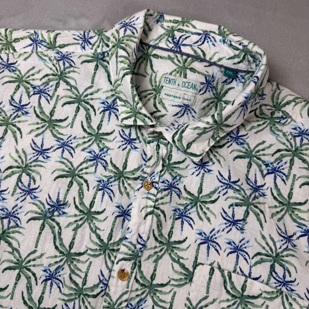Tenth + Ocean Mens XXL Washable Linen Cotton Palm Tree Short Sleeve Button Shirt